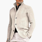 White Men's Ribbed Knit Cardigan — Declan Relaxed-Fit Button-Front Stand Collar - Studio
