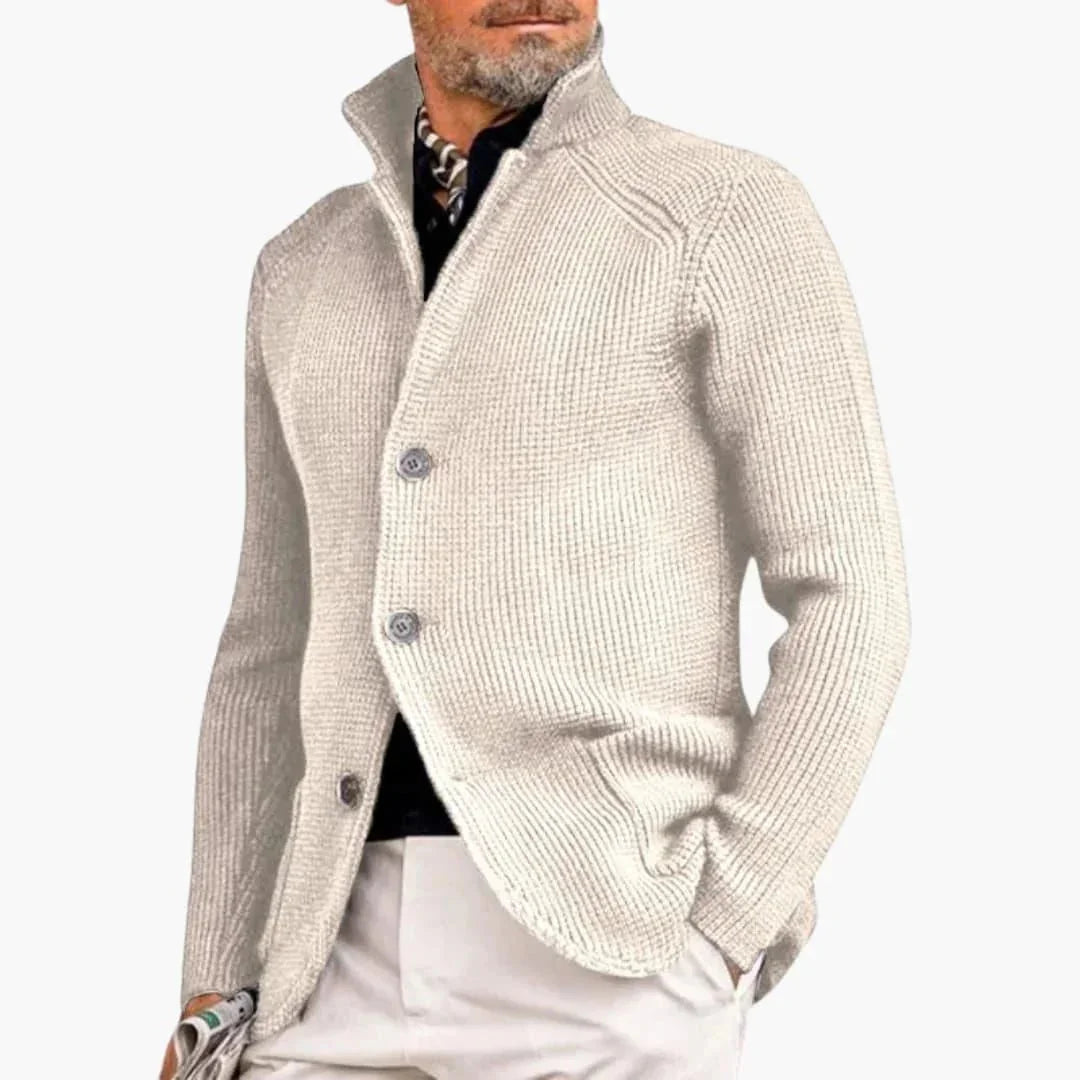 White Men's Ribbed Knit Cardigan — Declan Relaxed-Fit Button-Front Stand Collar - Studio
