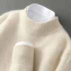 Beige Women's Cashmere Sweater with Ribbed Mock Neck & Cuffs