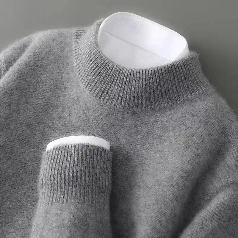 Dark Grey Women's Cashmere Sweater with Ribbed Mock Neck & Cuffs