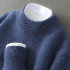 Flowers Blue Women's Cashmere Sweater with Ribbed Mock Neck & Cuffs