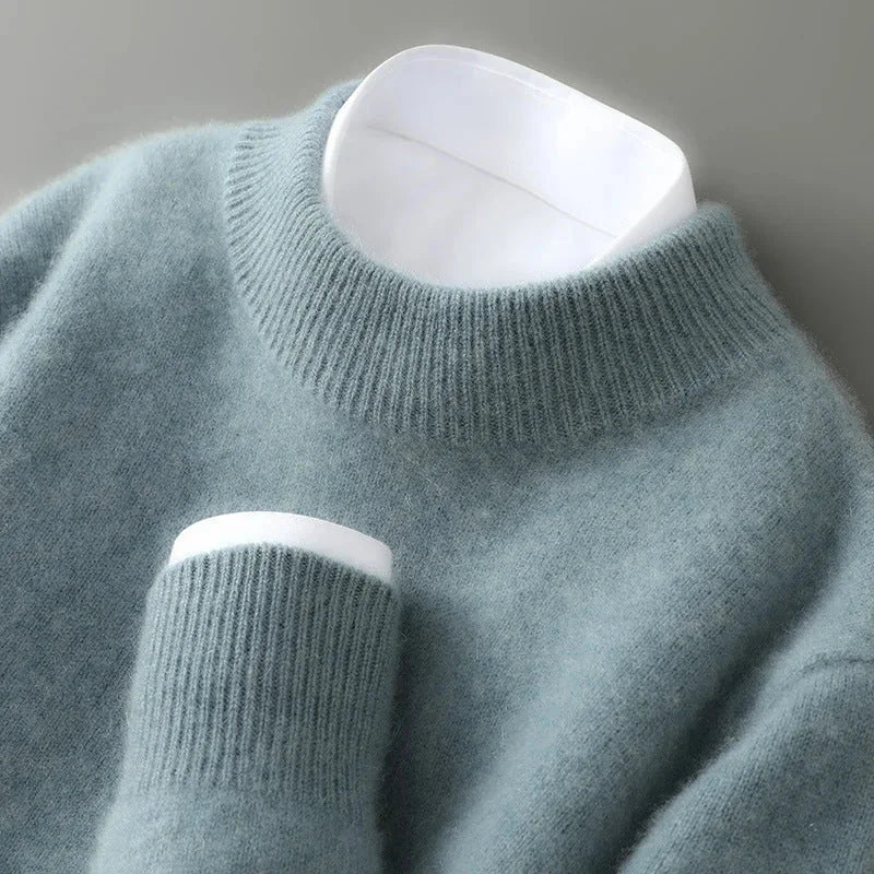 Grey Green Women's Cashmere Sweater with Ribbed Mock Neck & Cuffs