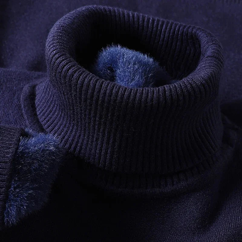Blue Men's Ribbed Turtleneck Sweater with Tailored Fit — Luke - Collar Detail Dark Navy