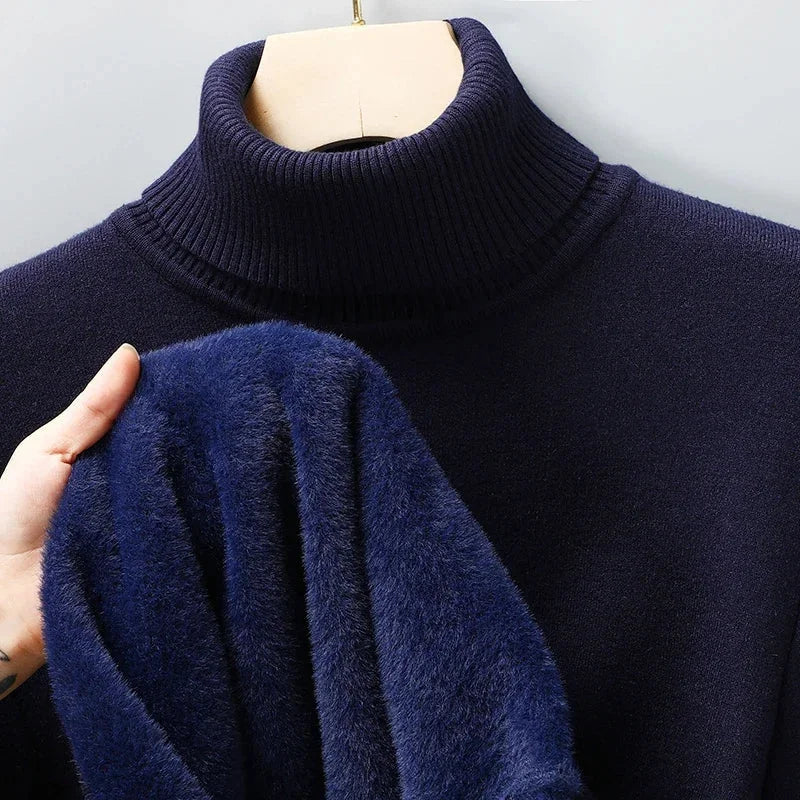 Men's Ribbed Turtleneck Sweater with Tailored Fit - Collar Detail Hand Navy