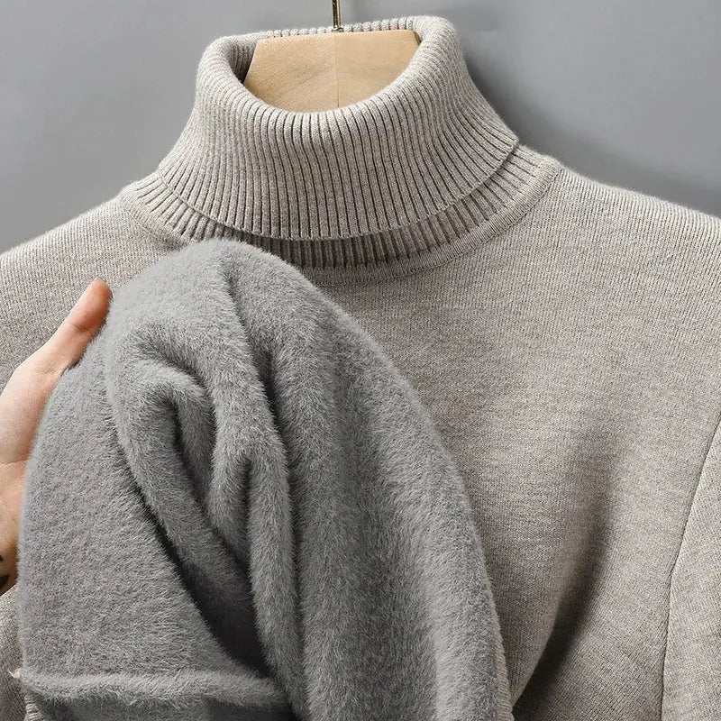 Gray Men's Ribbed Turtleneck Sweater with Tailored Fit — Luke - Collar Detail Mannequin