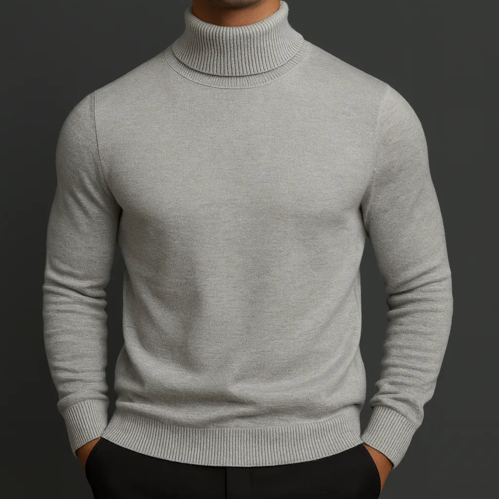 Gray Men's Ribbed Turtleneck Sweater with Tailored Fit