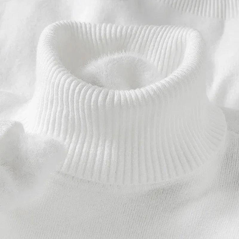 White Men's Ribbed Turtleneck Sweater with Tailored Fit — Luke - Collar Closeup