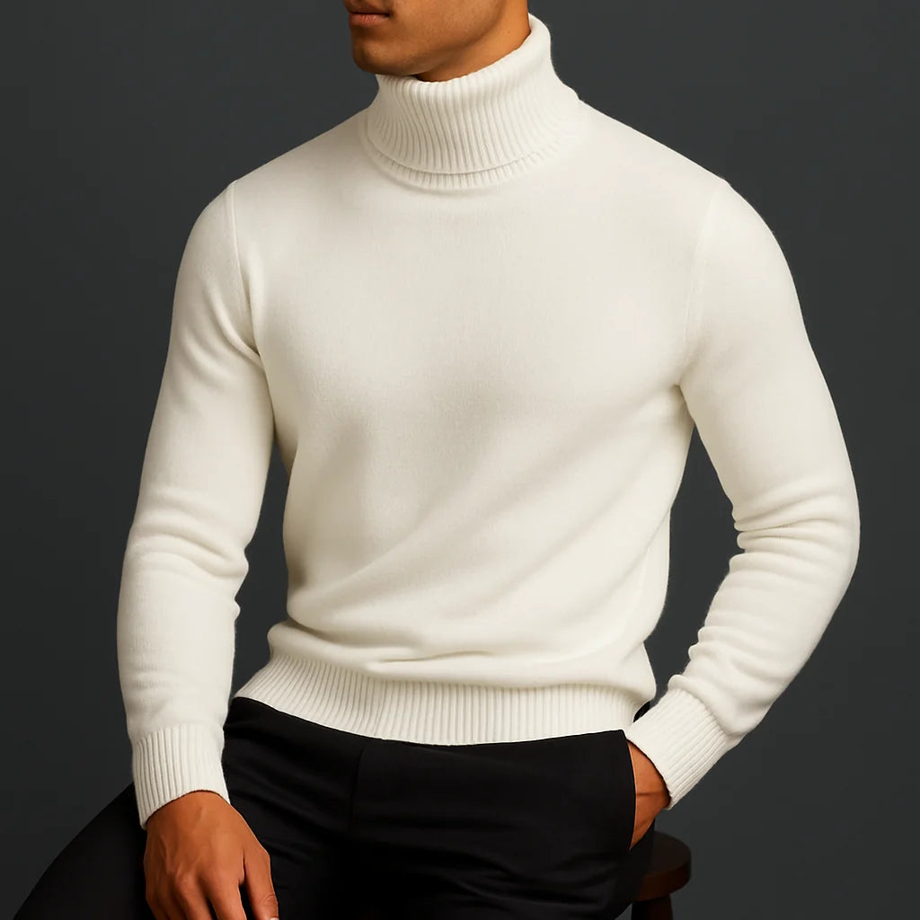 White Men's Ribbed Turtleneck Sweater with Tailored Fit — Luke - Side Pose Seated