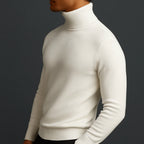 Men's Ribbed Turtleneck Sweater with Tailored Fit - Side Profile Closeup