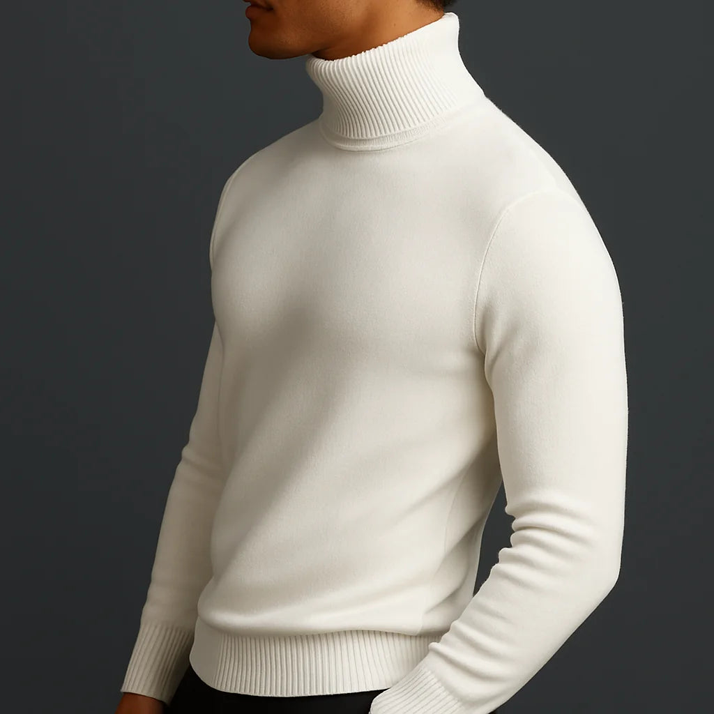 Men's Ribbed Turtleneck Sweater with Tailored Fit - Side Profile Closeup