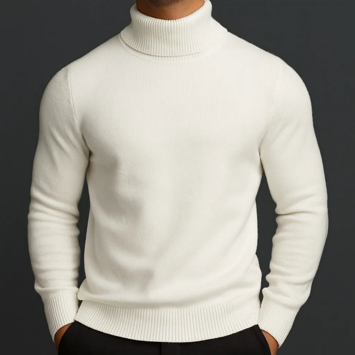 White Men's Ribbed Turtleneck Sweater with Tailored Fit