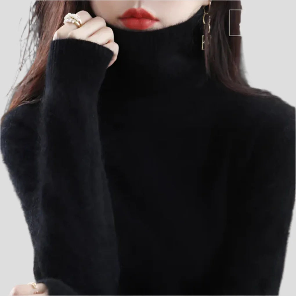 Black Women's Ribbed Turtleneck Sweater with Fitted Silhouette & Long Sleeves - Close Up Collar