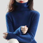 Seaweed Blue Women's Ribbed Turtleneck Sweater with Fitted Silhouette & Long Sleeves - Arms Crossed Pose