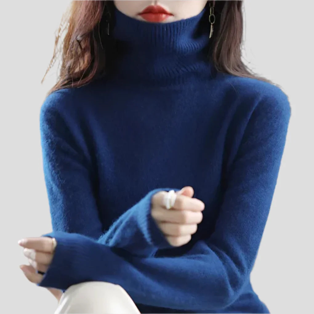 Seaweed Blue Women's Ribbed Turtleneck Sweater with Fitted Silhouette & Long Sleeves - Arms Crossed Pose