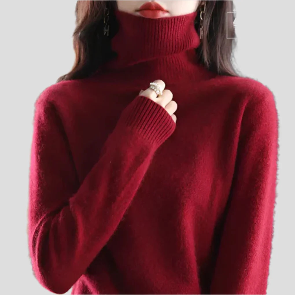 Rust Red Women's Ribbed Turtleneck Sweater with Fitted Silhouette & Long Sleeves - Close Up Collar Detail