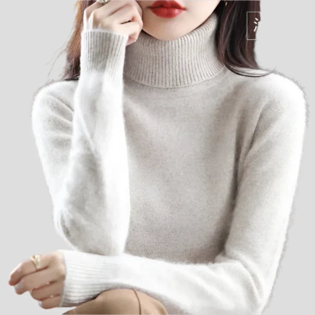 Light Brown Women's Ribbed Turtleneck Sweater with Fitted Silhouette & Long Sleeves - Close Up Neckline