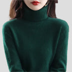 Dark Green Women's Ribbed Turtleneck Sweater with Fitted Silhouette & Long Sleeves - Front Close Up