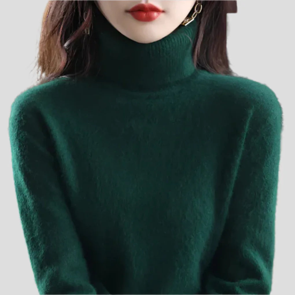 Dark Green Women's Ribbed Turtleneck Sweater with Fitted Silhouette & Long Sleeves - Front Close Up