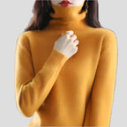 Ginger Yellow Women's Ribbed Turtleneck Sweater with Fitted Silhouette & Long Sleeves - Hand On Chest Detail