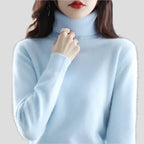 Light Blue Women's Ribbed Turtleneck Sweater with Fitted Silhouette & Long Sleeves - Close Up Collar