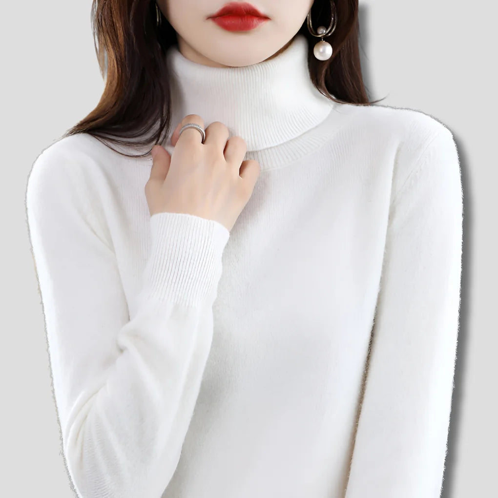 Rice Camel Women's Ribbed Turtleneck Sweater with Fitted Silhouette & Long Sleeves - Front Close Up White