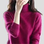Burgundy Women's Ribbed Turtleneck Sweater with Fitted Silhouette & Long Sleeves - Hand Near Face Pose