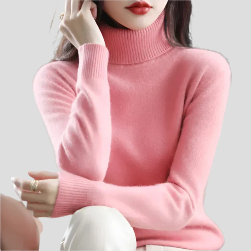 Pink Women's Ribbed Turtleneck Sweater with Fitted Silhouette & Long Sleeves - Hands Crossed Pose