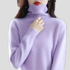 Purple Women's Ribbed Turtleneck Sweater with Fitted Silhouette & Long Sleeves - Hand Near Face Detail