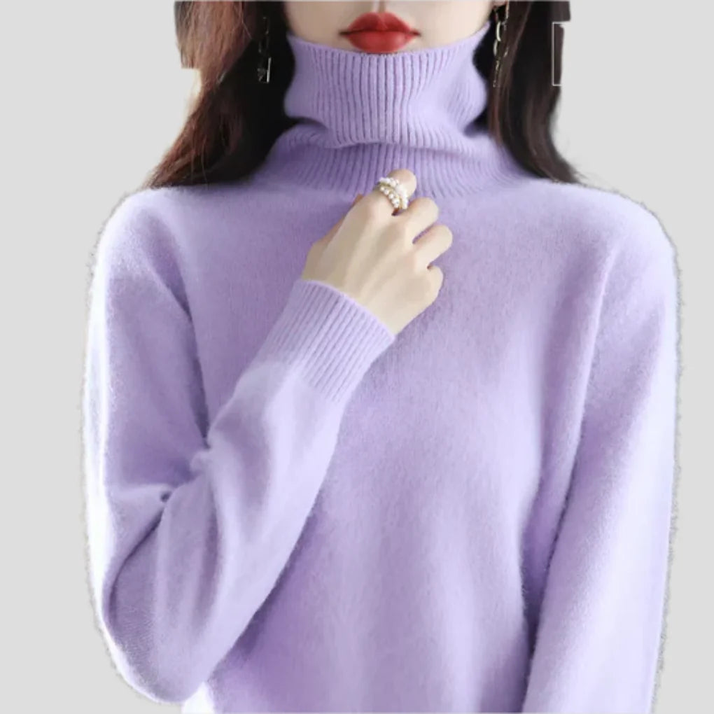 Purple Women's Ribbed Turtleneck Sweater with Fitted Silhouette & Long Sleeves - Hand Near Face Detail