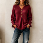 Burgundy Women's V-Neck Sweater with Button-Front Pleat & Ruffle Cuffs — Florence