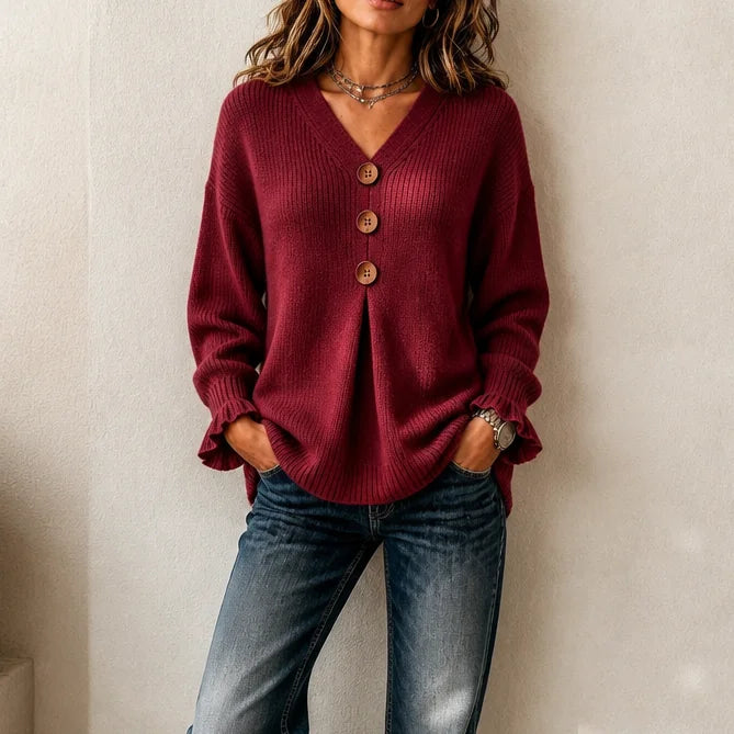 Burgundy Women's V-Neck Sweater with Button-Front Pleat & Ruffle Cuffs — Florence