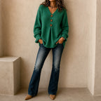 Green Women's V-Neck Sweater with Button-Front Pleat & Ruffle Cuffs — Florence - Full Body Outdoor