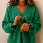 Women's V-Neck Sweater with Button-Front Pleat & Ruffle Cuffs