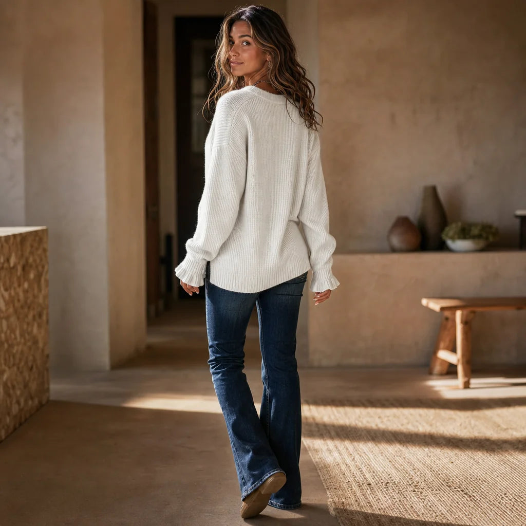 Women's V-Neck Sweater with Button-Front Pleat & Ruffle Cuffs - Back View Walking