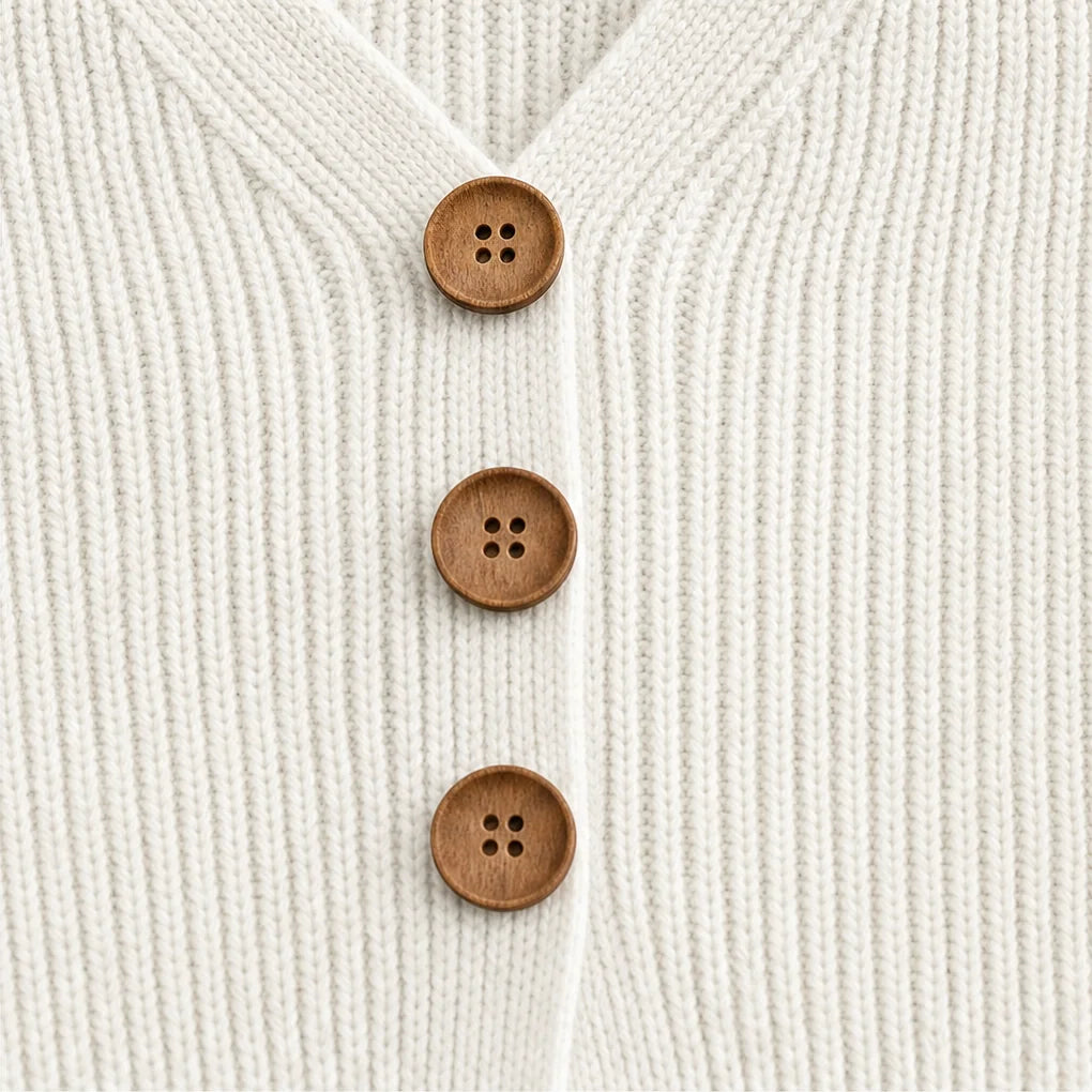 Khaki Women's V-Neck Sweater with Button-Front Pleat & Ruffle Cuffs — Florence - Button Detail