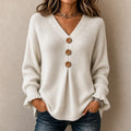 Khaki Women's V-Neck Sweater with Button-Front Pleat & Ruffle Cuffs - Close Up Front Buttons