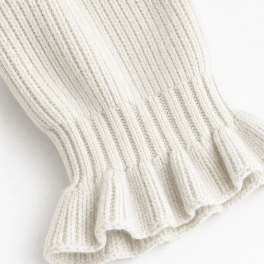 Khaki Women's V-Neck Sweater with Button-Front Pleat & Ruffle Cuffs — Florence - Cuff Ruffle Closeup