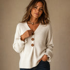 Women's V-Neck Sweater with Button-Front Pleat & Ruffle Cuffs - Front Portrait Pose