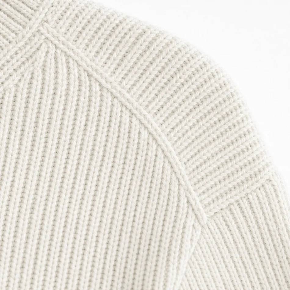 Khaki Women's V-Neck Sweater with Button-Front Pleat & Ruffle Cuffs — Florence - Shoulder Seam Closeup