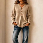 Khaki Women's V-Neck Sweater with Button-Front Pleat & Ruffle Cuffs — Florence