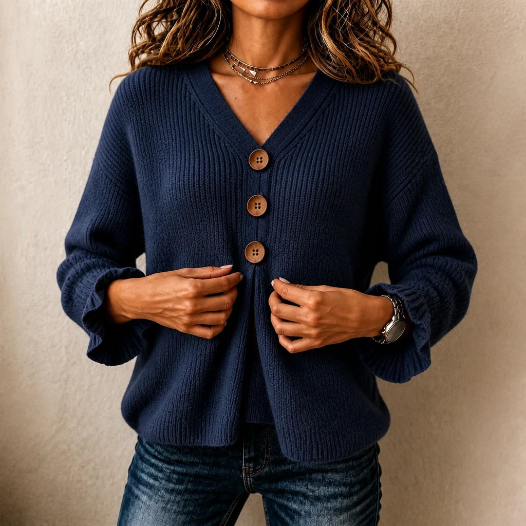 Navy Blue Women's V-Neck Sweater with Button-Front Pleat & Ruffle Cuffs — Florence