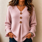 Pink Women's V-Neck Sweater with Button-Front Pleat & Ruffle Cuffs