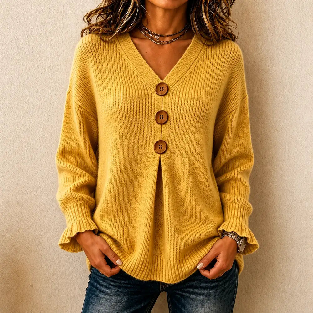 Yellow Women's V-Neck Sweater with Button-Front Pleat & Ruffle Cuffs