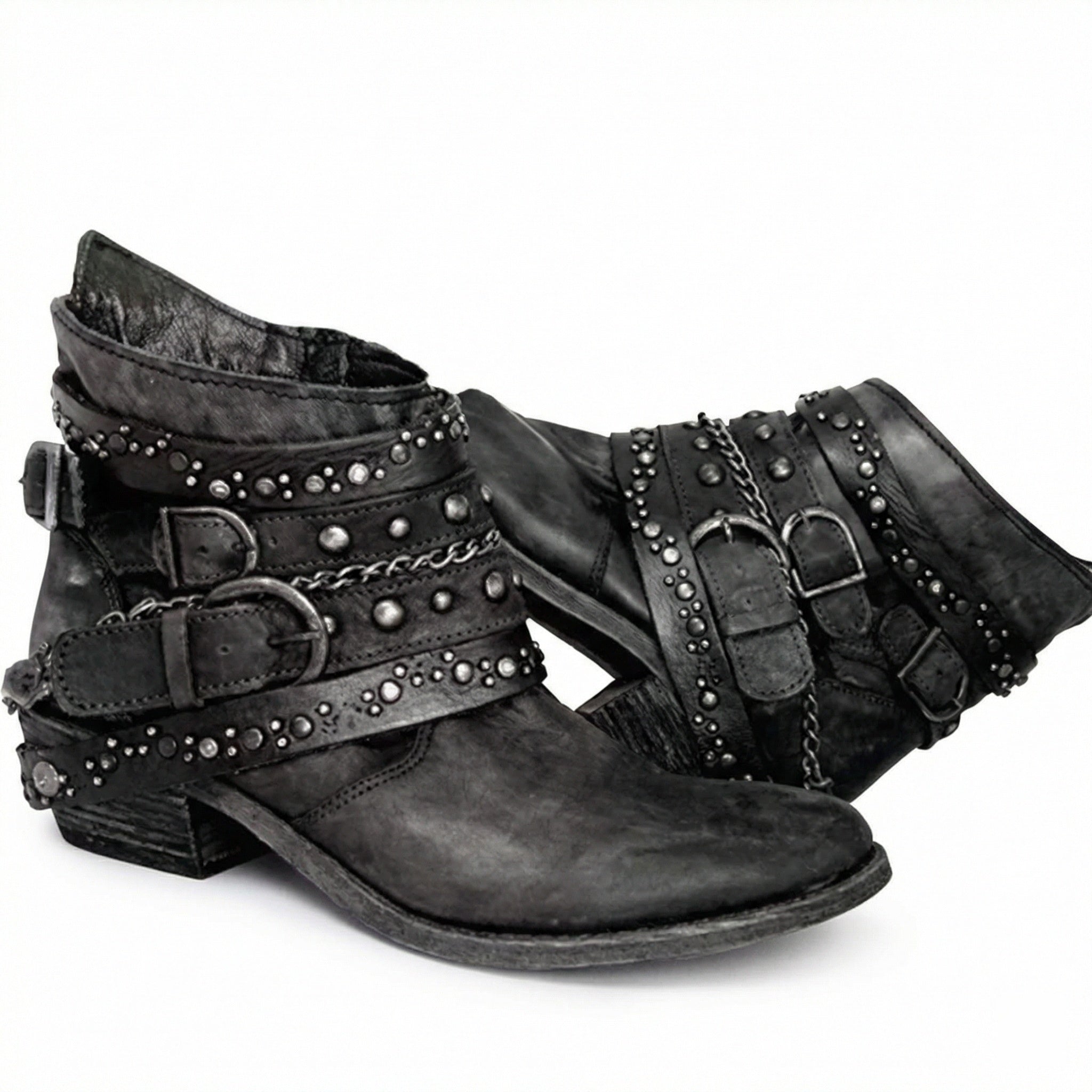 Women's Vintage Chain Boots with Studded Straps & Buckle Detail — Kate
