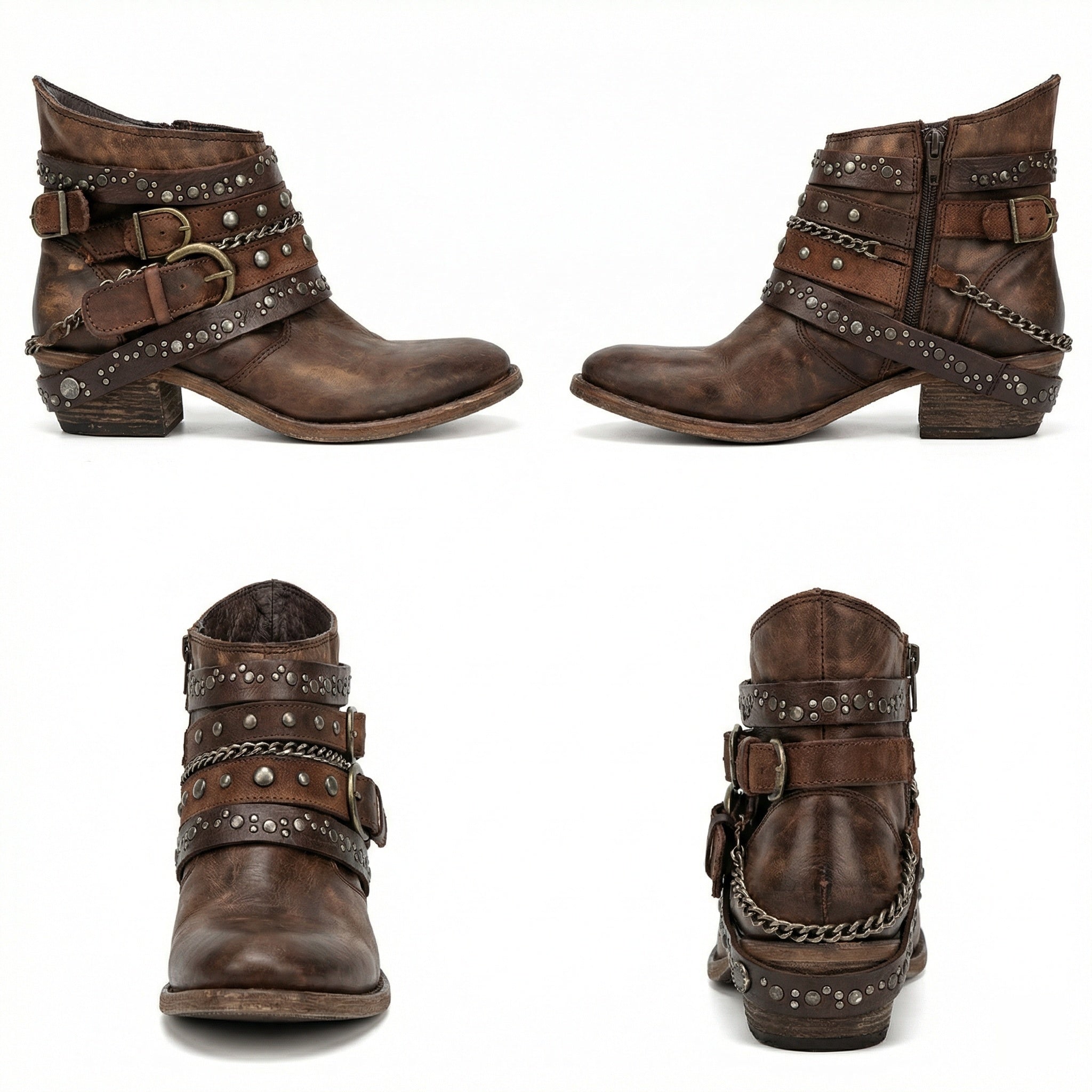 Women's Vintage Chain Boots with Studded Straps & Buckle Detail — Kate