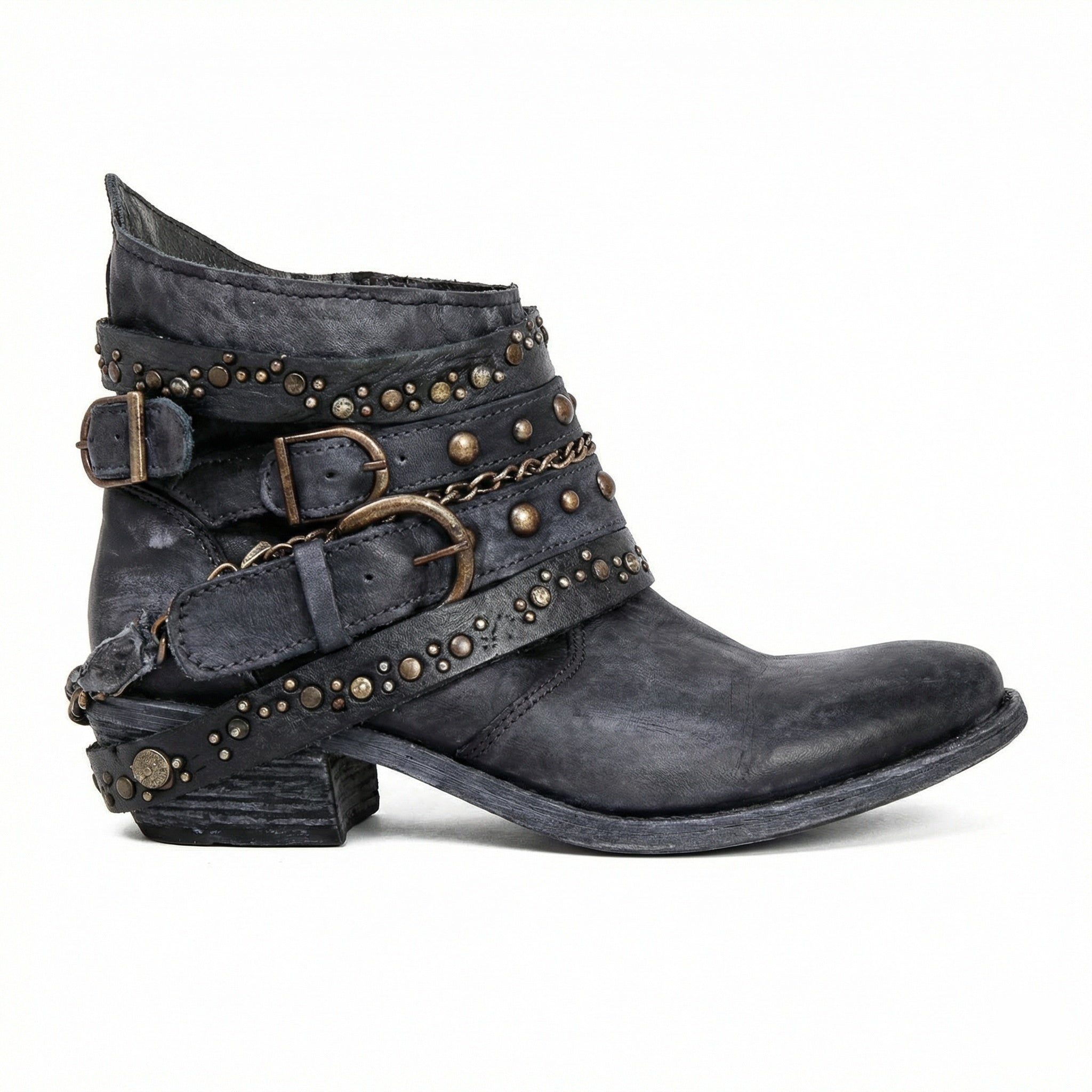 Women's Vintage Chain Boots with Studded Straps & Buckle Detail — Kate