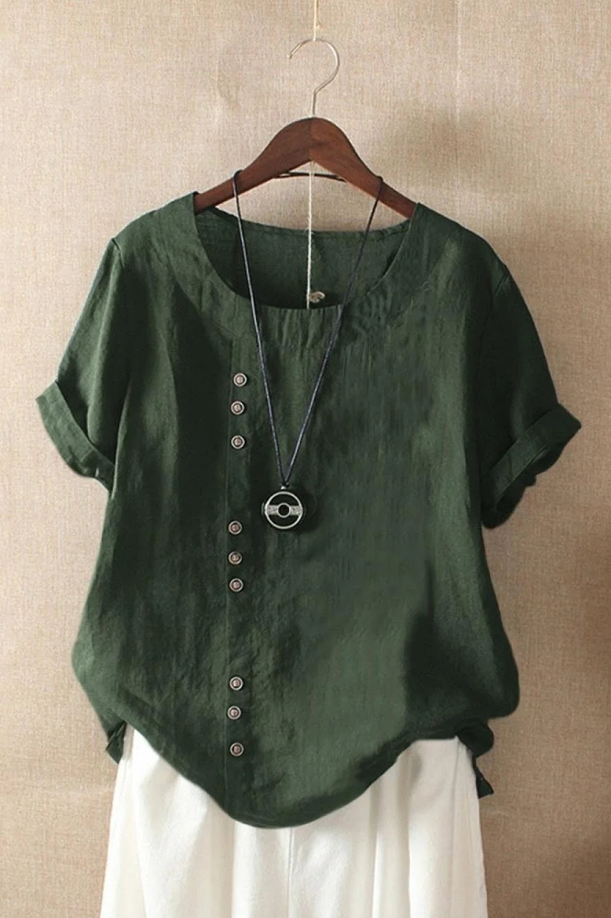 Green Women's Round Neck Button Short Sleeve Blouse in Linen — Gigi - Front View