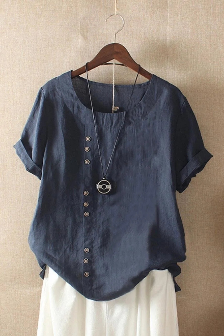 Navy Blue Women's Round Neck Button Short Sleeve Blouse in Linen — Gigi - Front Full