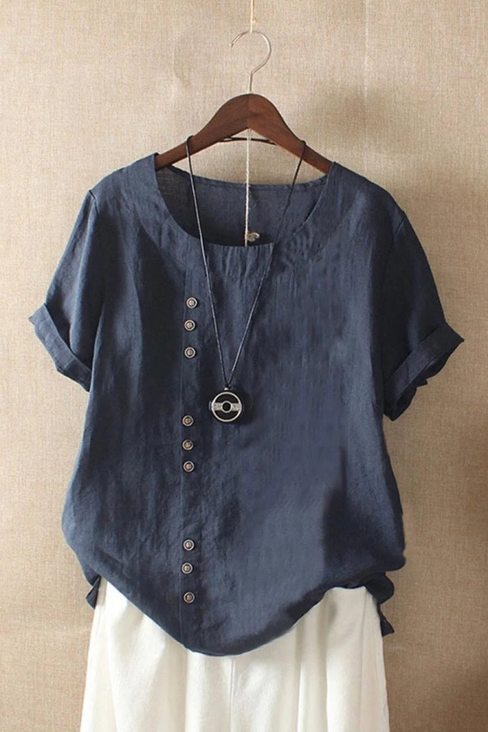 Navy Blue Women's Round Neck Button Short Sleeve Blouse in Linen — Gigi - Front Full