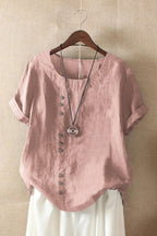 Pink Women's Round Neck Button Short Sleeve Blouse in Linen — Gigi - Front Close Up